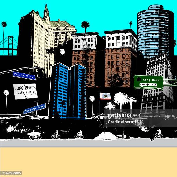long beach california stylized cityscape - iconic-los-angeles stock illustrations