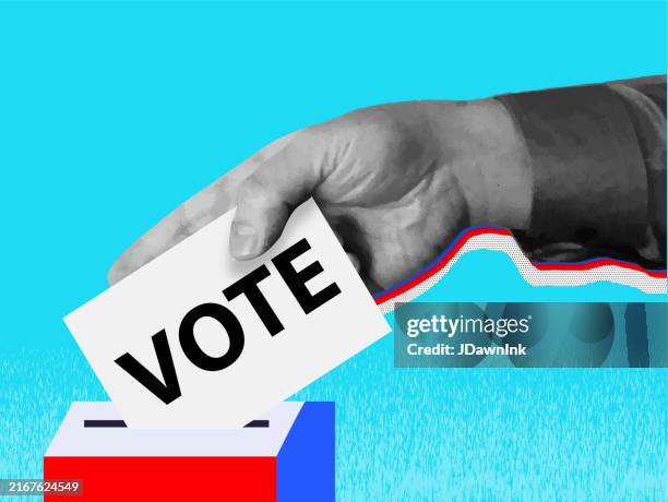 stockillustraties, clipart, cartoons en iconen met usa election abstract voting concept in retro collage style with human hand putting ballot in box - stembiljet