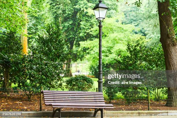 front view of a wooden bench in a public park with a light pole on one side and trees in the background. - park bench stock pictures, royalty-free photos & images