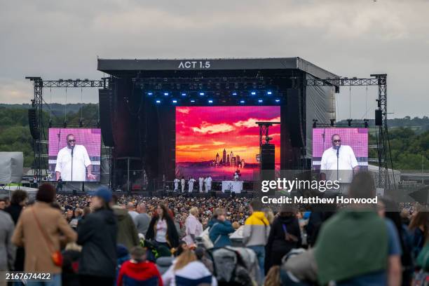 General view of the stage during the Act 1.5 concert at Clifton Downs on August 25, 2024 in Bristol, England. Long-time climate campaigners Robert...