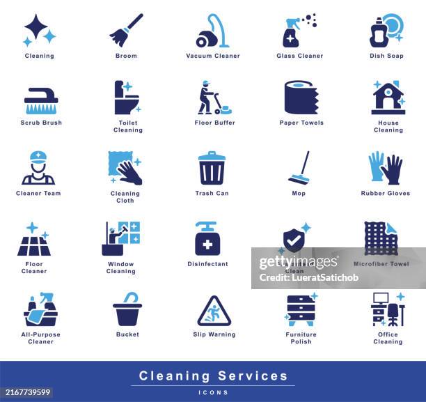 glyphensymbole für reinigungsdienste. gegenstände, gegenstände, begriffe und symbole zur kennzeichnung von reinigungs- und verwandten dienstleistungen, eimer, reinigungstuch, mopp, besen, staubsauger, bodenreiniger, desinfektionsmittel, glasreiniger - hygiene stock-grafiken, -clipart, -cartoons und -symbole