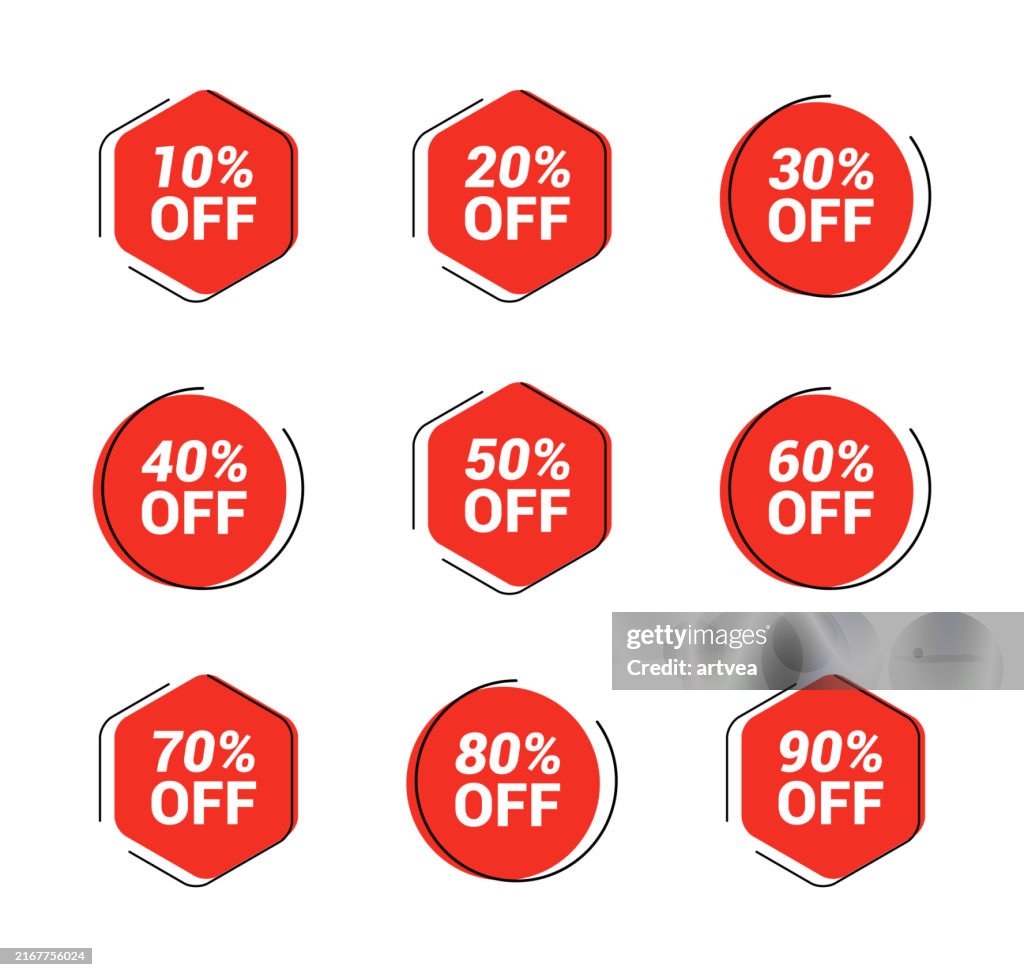 Set Sale tags. Special offer discount tag 10, 10, 20, 30, 40, 50, 60, 70, 80, 90 percent off price.