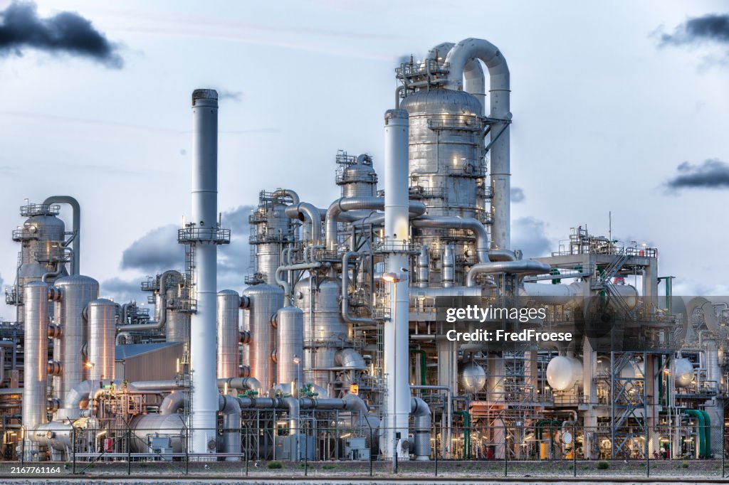 Oil refinery plant, Chemical factory, Oil and Gas Industrial zone, oil pipeline with valves in large oil refinery
