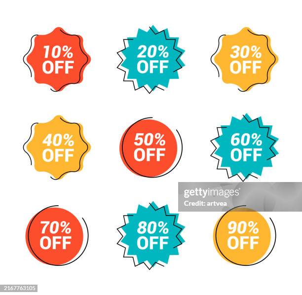 bildbanksillustrationer, clip art samt tecknat material och ikoner med set sale tags. special offer discount tag 10, 10, 20, 30, 40, 50, 60, 70, 80, 90 percent off price. - prislapp
