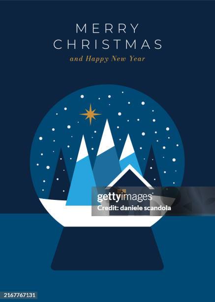 illustrations, cliparts, dessins animés et icônes de boule à neige de noël avec paysage d’hiver. - carte de noël