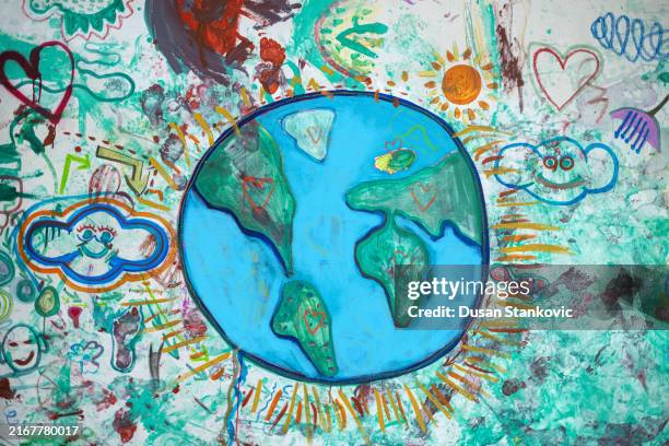 ilustraciones, imágenes clip art, dibujos animados e iconos de stock de érase una vez la tierra... - mural