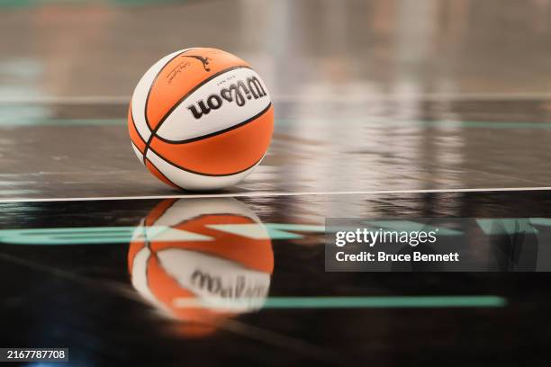 Ball sits on the court during WNBA action between the New York Liberty and the Dallas Wings at the Barclays Center on August 20, 2024 in the Brooklyn...
