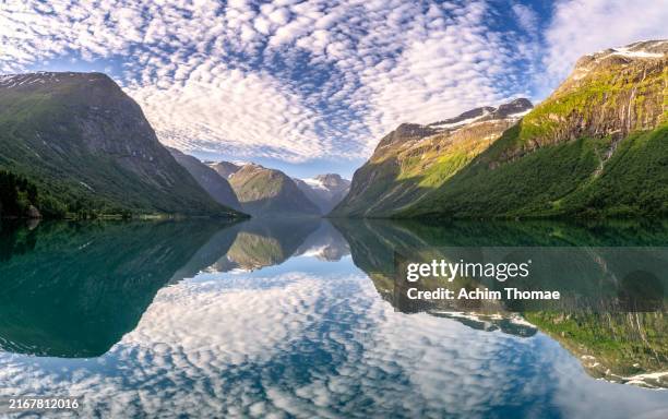 after sunrise at lovatnet lake, norway, europe - olden foto e immagini stock