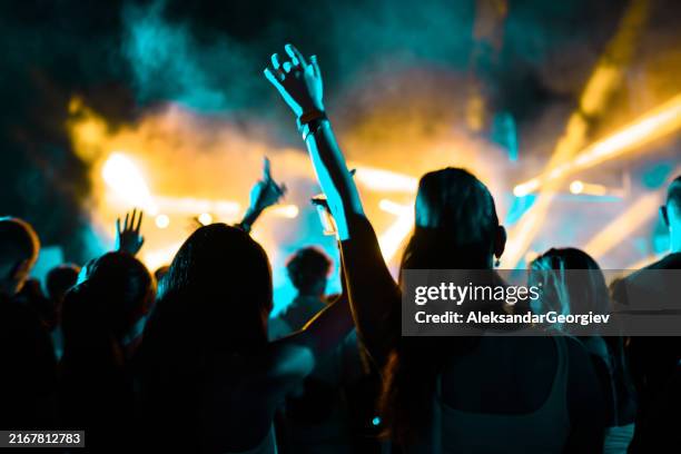persone che partecipano allo spettacolo del dj dal vivo - locale notturno foto e immagini stock