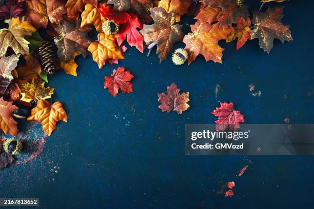 herbstliche dekoration mit blätter auf rustikalen hintergrund - fokus auf den hintergrund stock-fotos und bilder