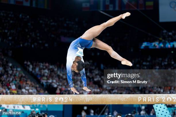 Simone Biles of the USA in action during the Artistic Gymnastics Women's Balance Beam Finals at the Olympic Games in the Bercy Arena, Paris, France,...