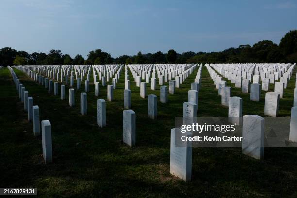 Headstones line the rolling hills of Arlington National Cemetery where Republican presidential nominee, former U.S. President Donald Trump attended a...