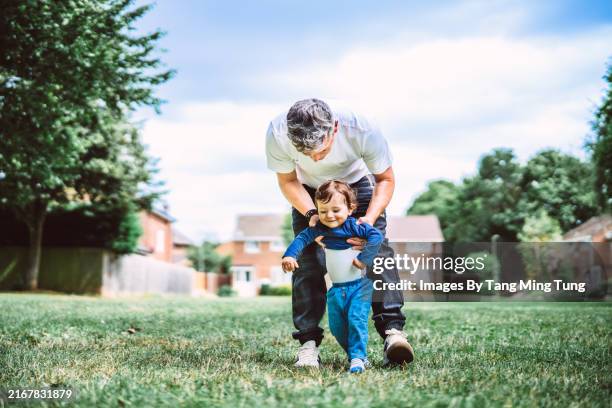 father helping his toddler son to walk in park - primeiros passos imagens e fotografias de stock