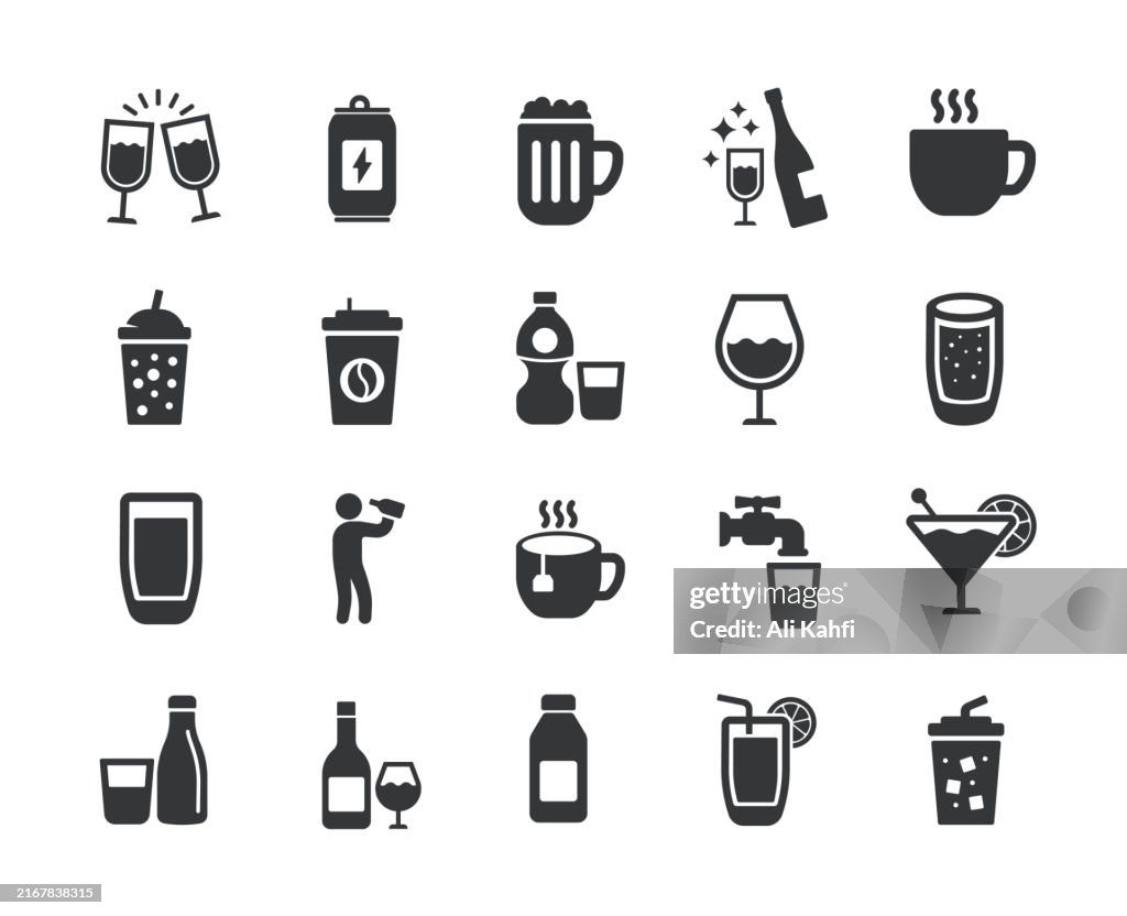 Drinks glyph solid icons. Containing coffee, tea, wine, beverage, soft drink solid icons collection. Vector illustration. For website design, logo, app, template, ui, etc.