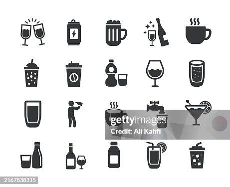 Drinks glyph solid icons. Containing coffee, tea, wine, beverage, soft drink solid icons collection. Vector illustration. For website design, logo, app, template, ui, etc. Drinks glyph solid icons. Containing coffee, tea, wine, beverage, soft drink solid icons collection. Vector illustration. For website design, logo, app, template, ui, etc.