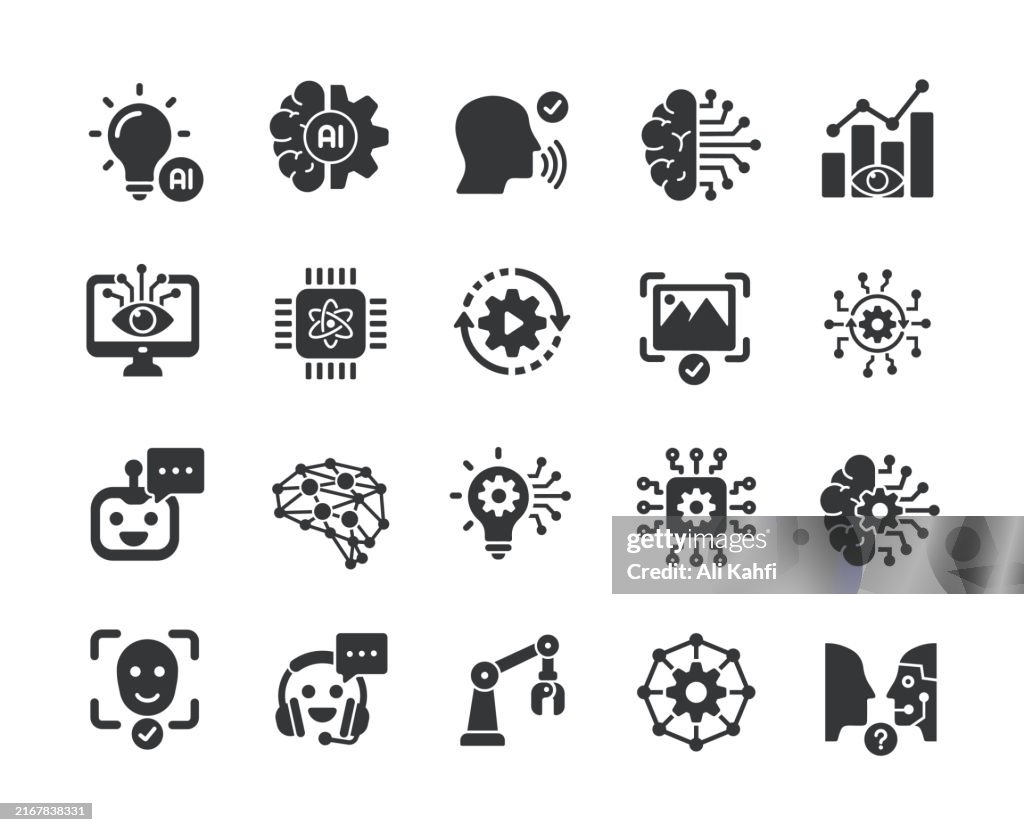 Artificial Intelligence glyph solid icons. Containing technology, robotics, automatically, virtual solid icons collection. Vector illustration. For website design, logo, app, template, ui, etc.