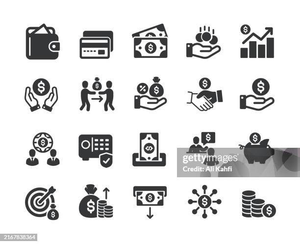stockillustraties, clipart, cartoons en iconen met finance glyph solid icons. containing money, economy, bank, loan, credit solid icons collection. vector illustration. for website design, logo, app, template, ui, etc. - bonusuitkering
