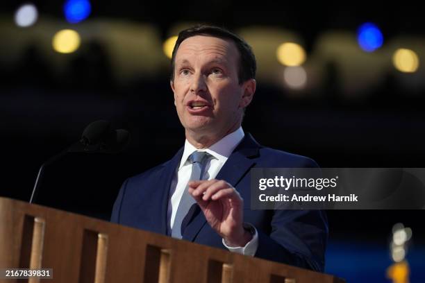 Sen. Chris Murphy speaks on stage during the third day of the Democratic National Convention at the United Center on August 21, 2024 in Chicago,...