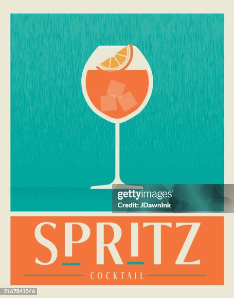 illustrazioni stock, clip art, cartoni animati e icone di tendenza di modello di design per poster spritz retrò con fetta d'arancia drink cocktail con tipografia - happy hour