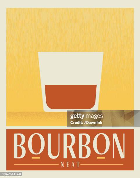 ilustraciones, imágenes clip art, dibujos animados e iconos de stock de bourbon retro neat en vidrio de roca bebida cóctel plantilla de diseño de cartel con tipografía - whisky