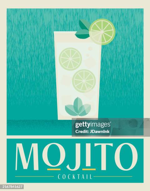 retro mojito in a tall glass with lime and mint garnish drink cocktail poster design template with typography - mojito stock illustrations