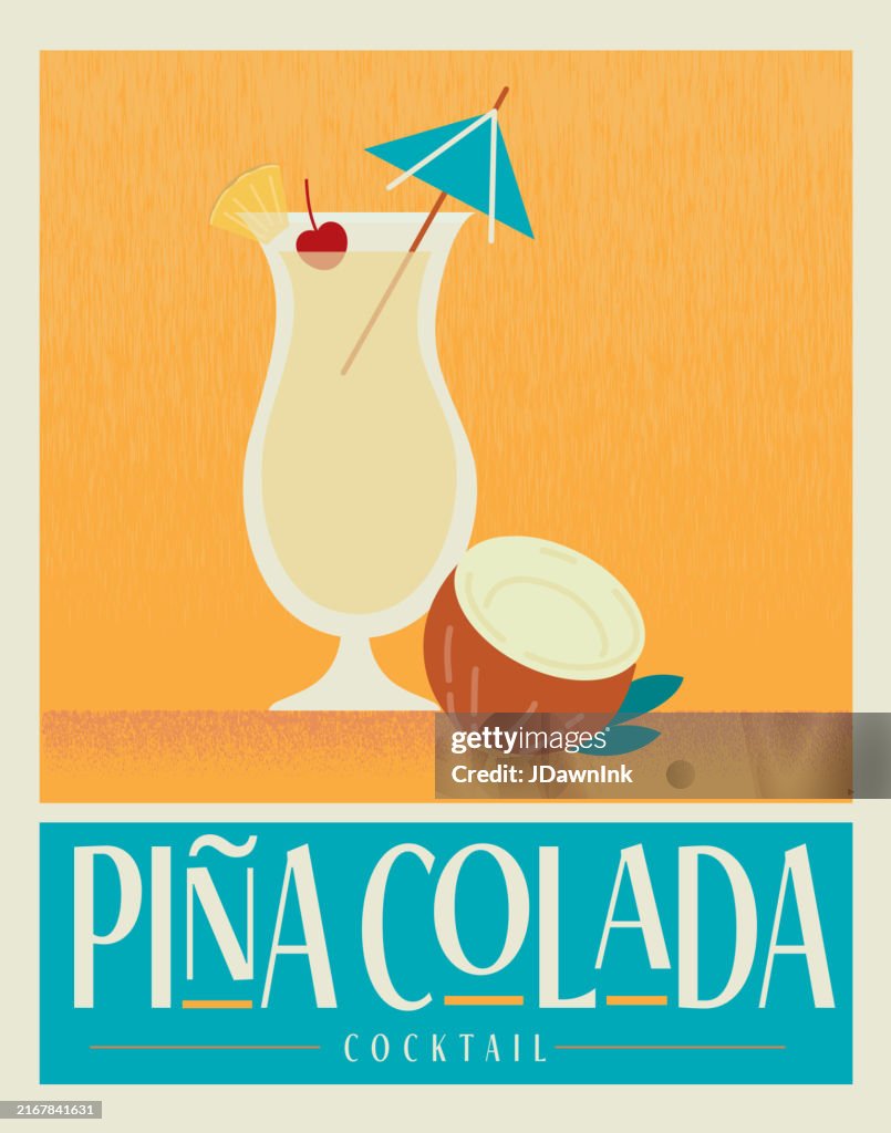 Retro Pina Colada mit Regenschirmgarnitur und Kokosnuss halbes Getränk Cocktail Poster-Designvorlage mit Typografie