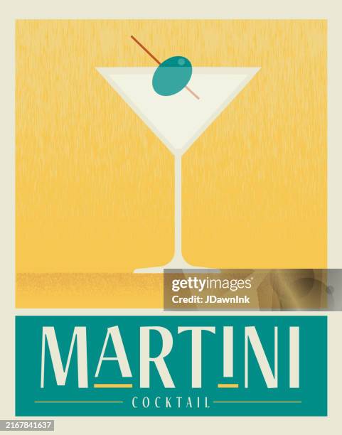 stockillustraties, clipart, cartoons en iconen met retro dry martini with olive drink cocktail poster design template with typography - happy hour vintage