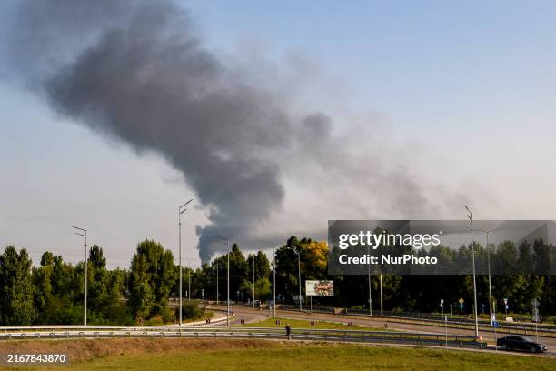 Smoke rises from the city's outskirts during a Russian missile and drone strike on Ukraine in Kyiv, Ukraine, on August 26, 2024.