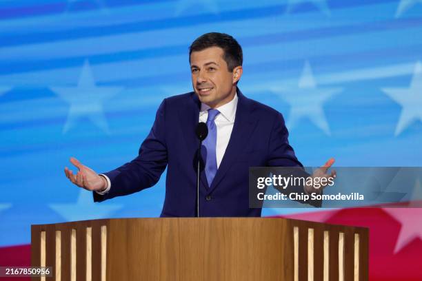 Transportation Secretary Pete Buttigieg speaks on stage during the third day of the Democratic National Convention at the United Center on August 21,...