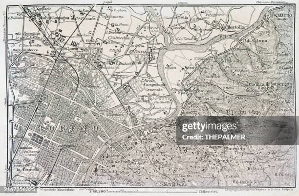 map of turin, italy - 1893 - turin stock illustrations