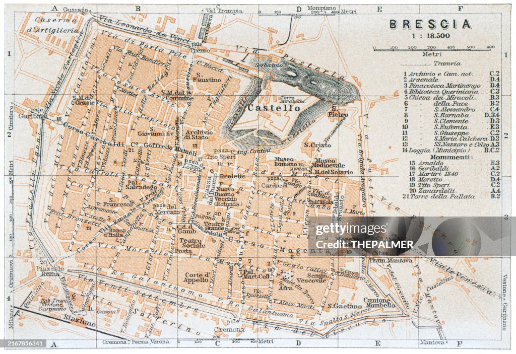 Map of Brescia a city in the northern Italian region of Lombardy, Italy - 1893