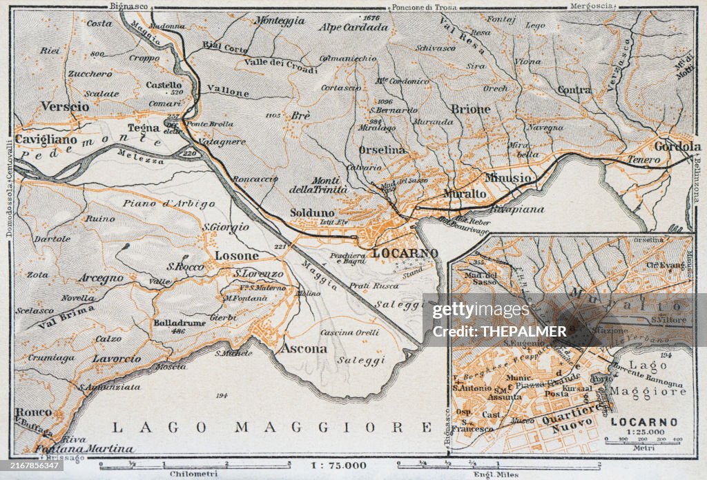 Map of Lake Maggiore and Locarno, Italy - 1893