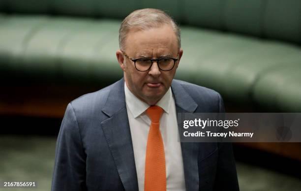 Prime Minister Anthony Albanese arrives at Question Time in the House of Representatives at Australian Parliament House on August 22, 2024 in...