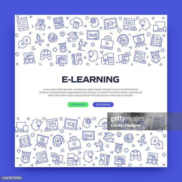 e-learning related line style banner design for web page, headline, brochure, annual report and book cover - students learning computer programming stock illustrations