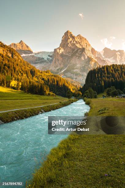 dramatic landscape with the klein wellhorn mountain seen from rychenbach in switzerland - gebirgsbach stock-fotos und bilder