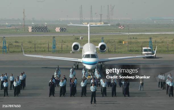 Newly acquired Brazil-manufactured Embraer 135 Legacy aircraft during an induction ceremony for the Indian Air Force and Border Security Force at Air...