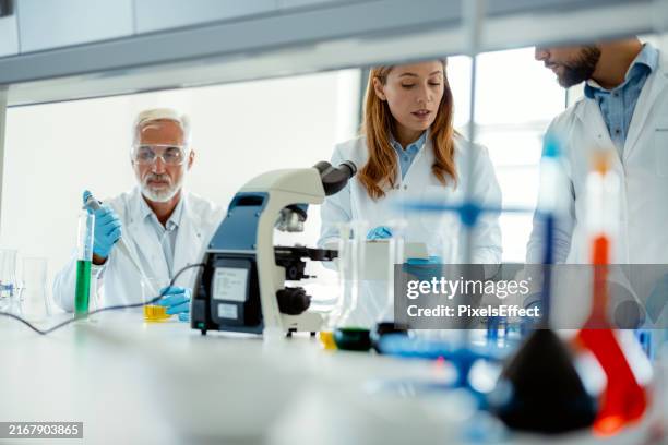 three lab scientists working together - wetenschappelijk onderzoek stockfoto's en -beelden