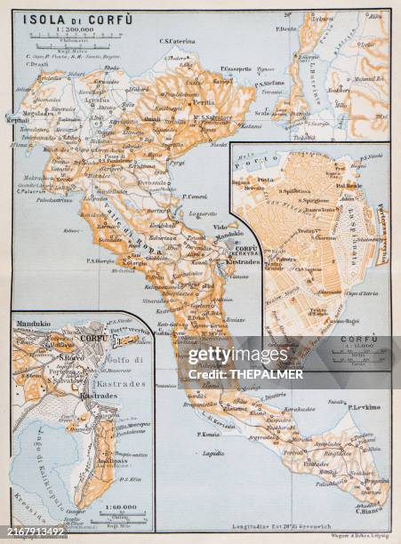 illustrazioni stock, clip art, cartoni animati e icone di tendenza di mappa di corfù o kerkyra, un'isola greca nel mar ionio - 1893 - corfu