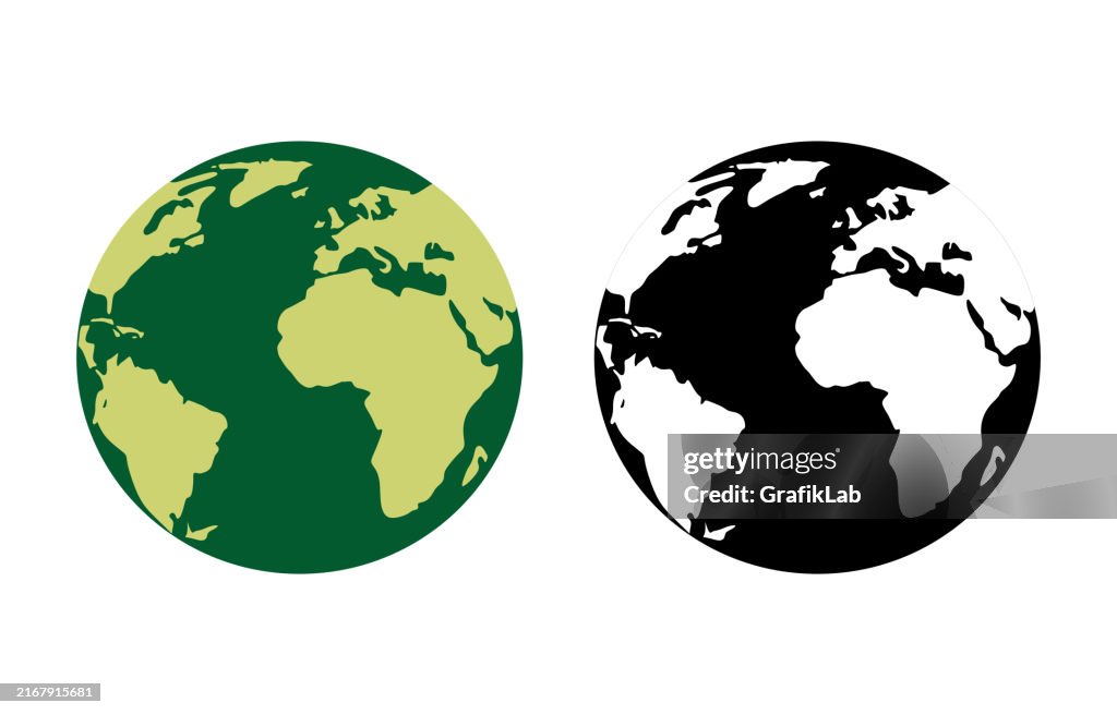 Dual Earth Illustrations in Green and Black Tones on White Background