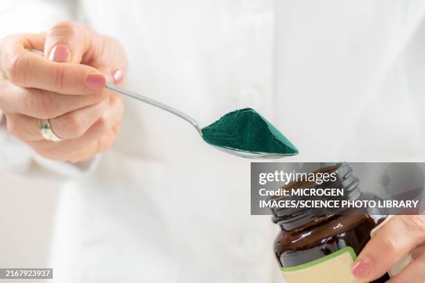 spoon of spirulina - spirulinabacterie stockfoto's en -beelden