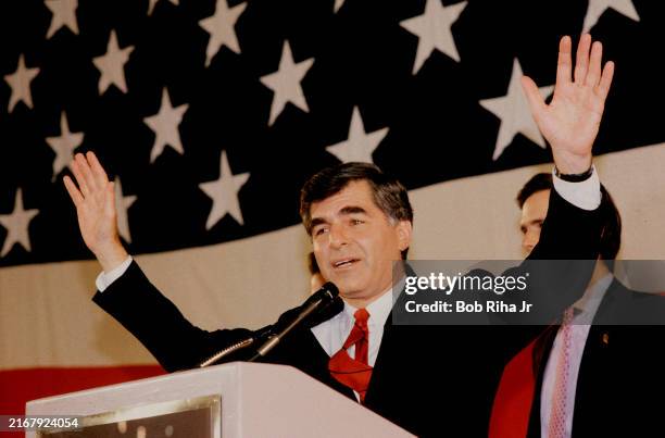 United States Democratic Presidential Candidate Michael Dukakis at the Biltmore Hotel, June 8, 1988 in Los Angeles, California.