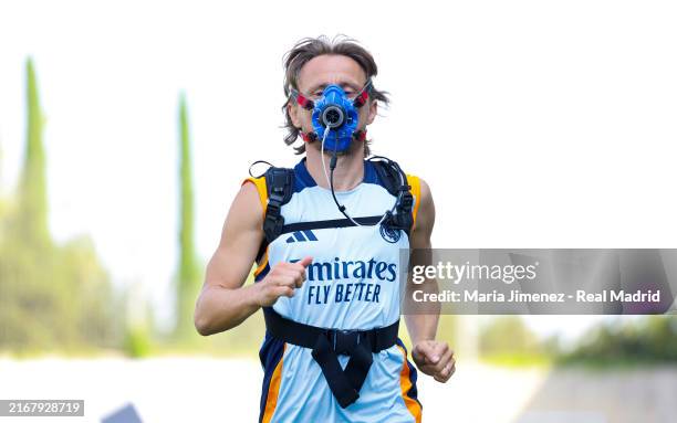 Luka Modric, player of Real Madrid, is training with his teammates at Valdebebas training ground on August 21, 2024 in Madrid, Spain.