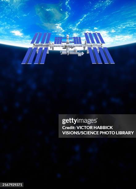 international space station in orbit, illustration - international space station stock illustrations