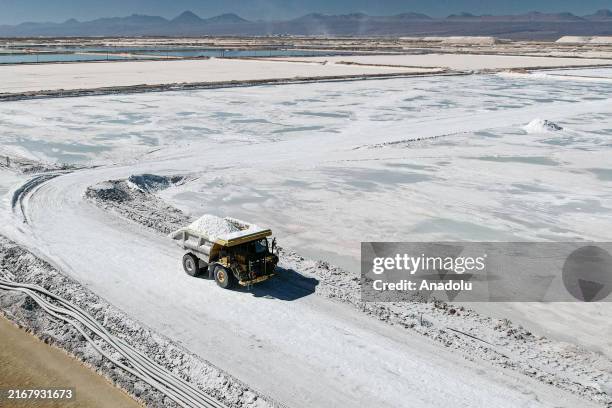 Aerial view of lithium mining pits in Atacama Salt Flat, Chile, on July 29, 2024. Chile is the world's leading lithium mining and exporting country,...
