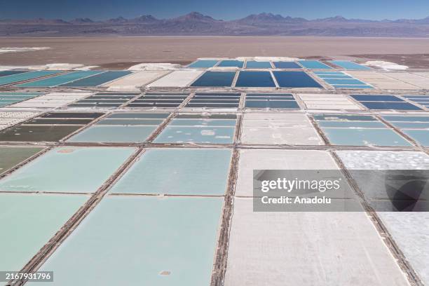 Aerial view of lithium mining pits in Atacama Salt Flat, Chile, on July 29, 2024. Chile is the world's leading lithium mining and exporting country,...