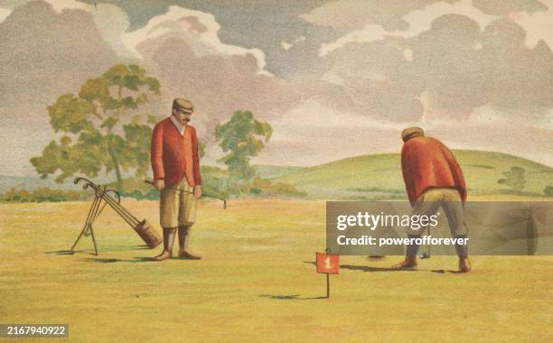 victorian golfers putting on a golf course green - 19th century - vintage golfer stock illustrations