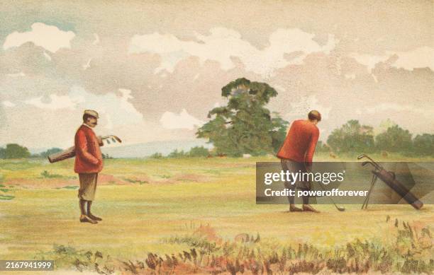 stockillustraties, clipart, cartoons en iconen met victorian golfers playing on a golf course - 19th century - archiefbeelden