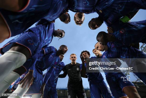 Players of Chelsea huddle prior to the UEFA Europa Conference League Play-Off 1st leg match between Chelsea v Servette FC at Stamford Bridge on...