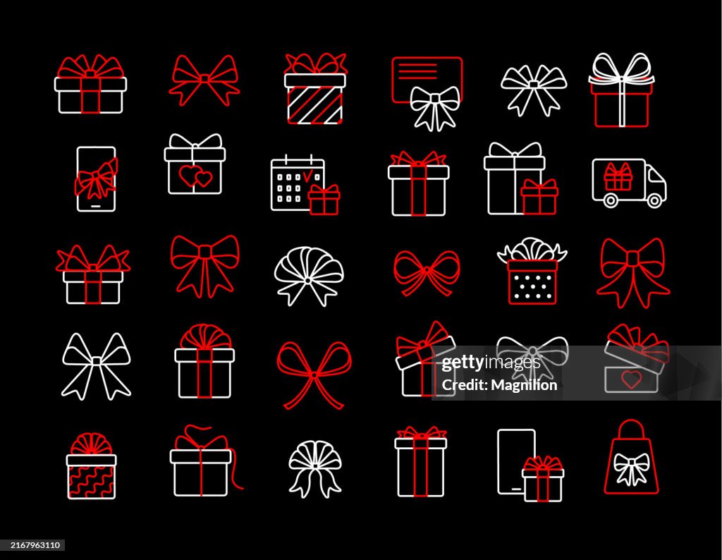 Gift Boxes and Bows Icon Set in Black, Red, and White, Editable Stroke, Vector Illustration