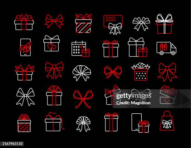 gift boxes and bows icon set in black, red, and white, editable stroke, vector illustration - bow-and-arrow-icon stock illustrations